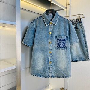 Loewe Light Blue Washed Denim Short-Sleeve Button-Down Shirt with Logo Pocket.